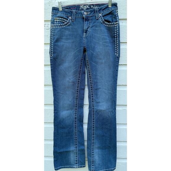 Wrangler Rock 47 Womens Jeans Blue 28x32 Low Rise Bootcut Stretch Embroidered - Picture 3 of 6